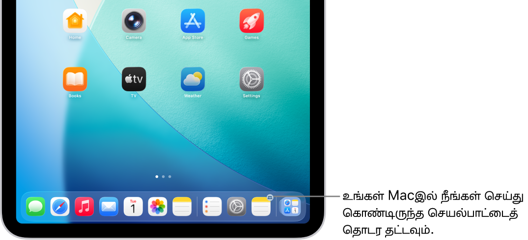 iPad Dockஇல் Handoff ஐகான் காட்டப்பட்டுள்ளது.