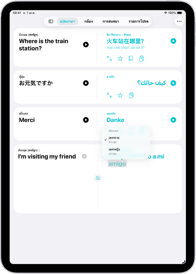 แถบการแปลที่แสดงวลีที่แปลจากภาษาอังกฤษเป็นภาษาสเปน และคำที่ไฮไลท์ด้วยสีเทาซึ่งมีการแปรเพศต่างๆ