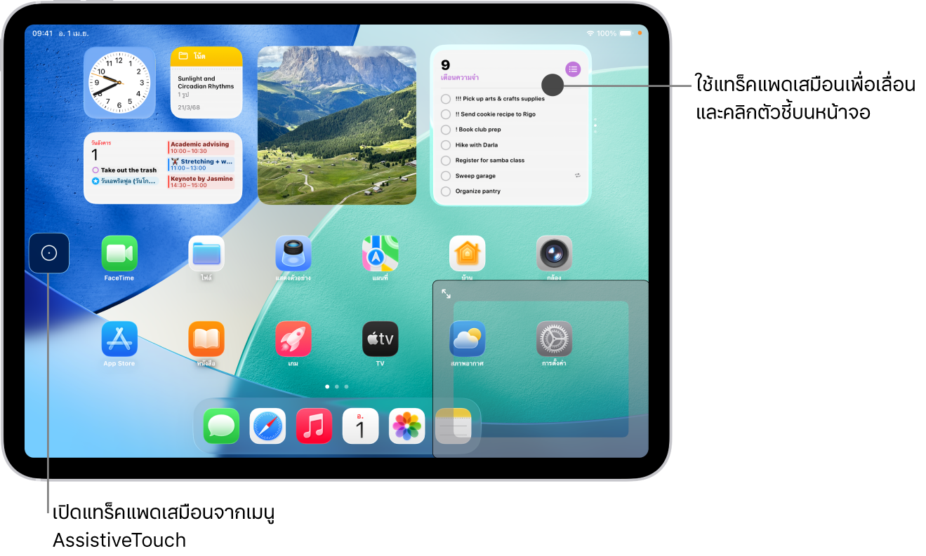 iPad ที่มีแทร็คแพดเสมือนที่แสดงอยู่ที่มุมของหน้าจอ นอกจากนี้บนหน้าจอยังมีเมนู AssistiveTouch (ซึ่งใช้เพื่อเปิดแทร็คแพด) และตัวชี้ (ซึ่งควบคุมโดยแทร็คแพด)