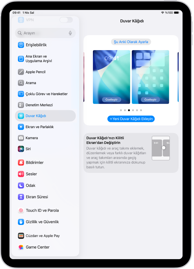 En üstte yeni bir duvar kâğıdı seçme düğmesinin ve mevcut duvar kâğıdının olduğu kilitli ekranın ve ana ekranın görüntülerinin gösterildiği Duvar Kâğıdı Ayarları ekranı.