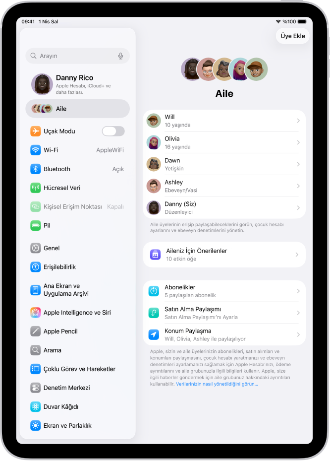 Ayarlar’daki Aile ekranı. Paylaşılan özelliklerin üst tarafında en fazla beş aile üyesi listeleniyor.