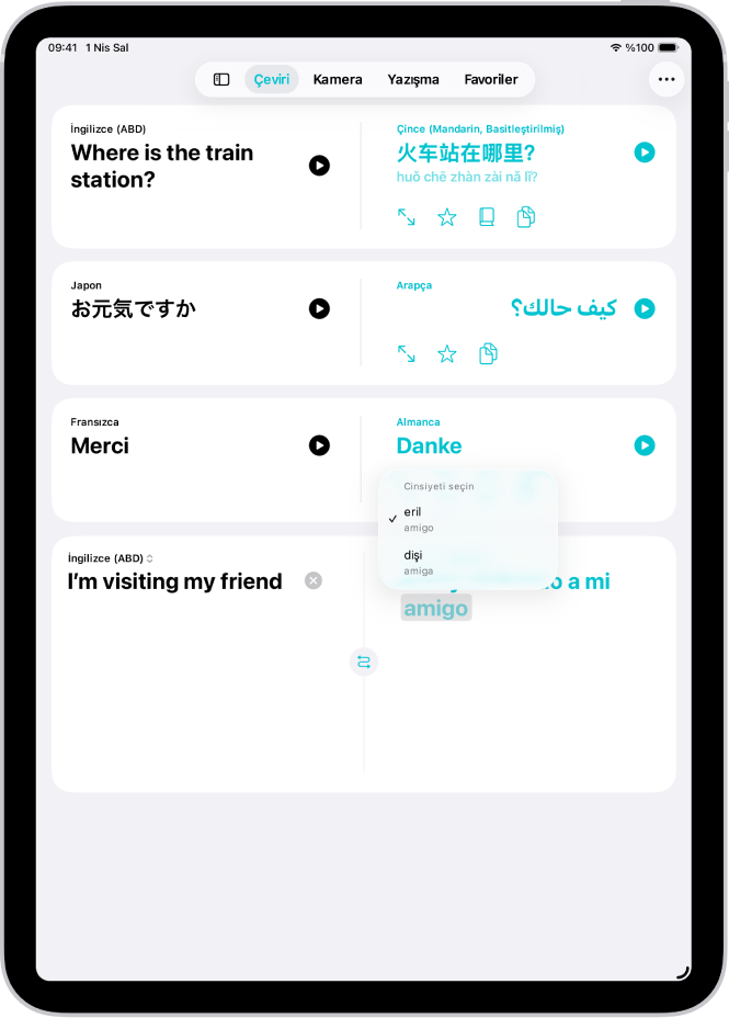 Çeviri sekmesi, İngilizceden İspanyolcaya çevrilen bir ifadeyi ve farklı cinsiyet varyasyonları ile gri renkte vurgulanan bir sözcüğü gösteriyor.
