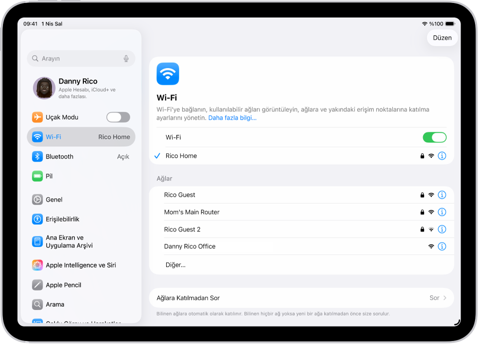 Ayarlar ekranında kullanılabilir Wi-Fi ağları gösteriliyor.