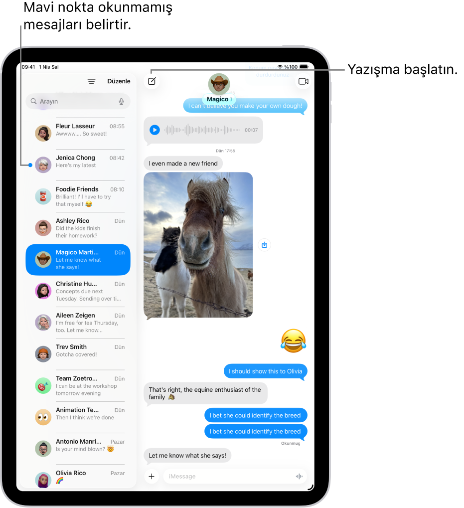 Solda Mesajlar yazışması listesi ve sağda ise bir yazışma dökümü bulunuyor. Okunmamış mesajlar mavi bir noktayla işaretlenmiş.