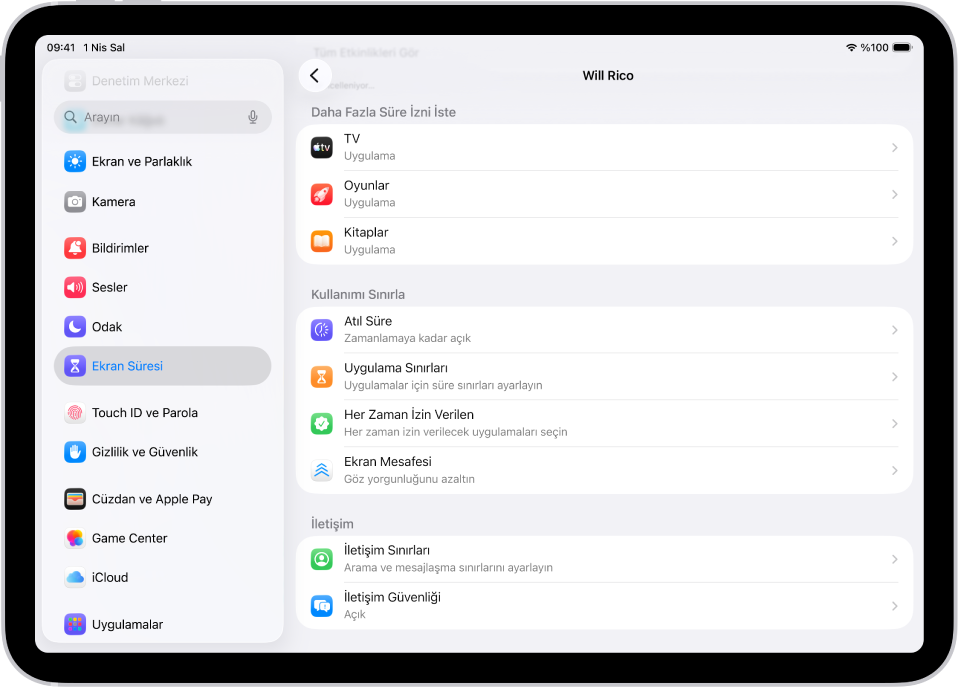 Aile Paylaşımı grubundaki bir çocuğun ekranı, Daha Fazla Süre İzni İste için bir bölüm gösteriyor.