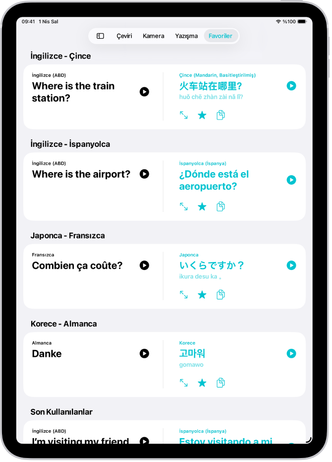 Çeşitli dillere çevrilmiş kayıtlı ifadeleri gösteren Favoriler sekmesi.