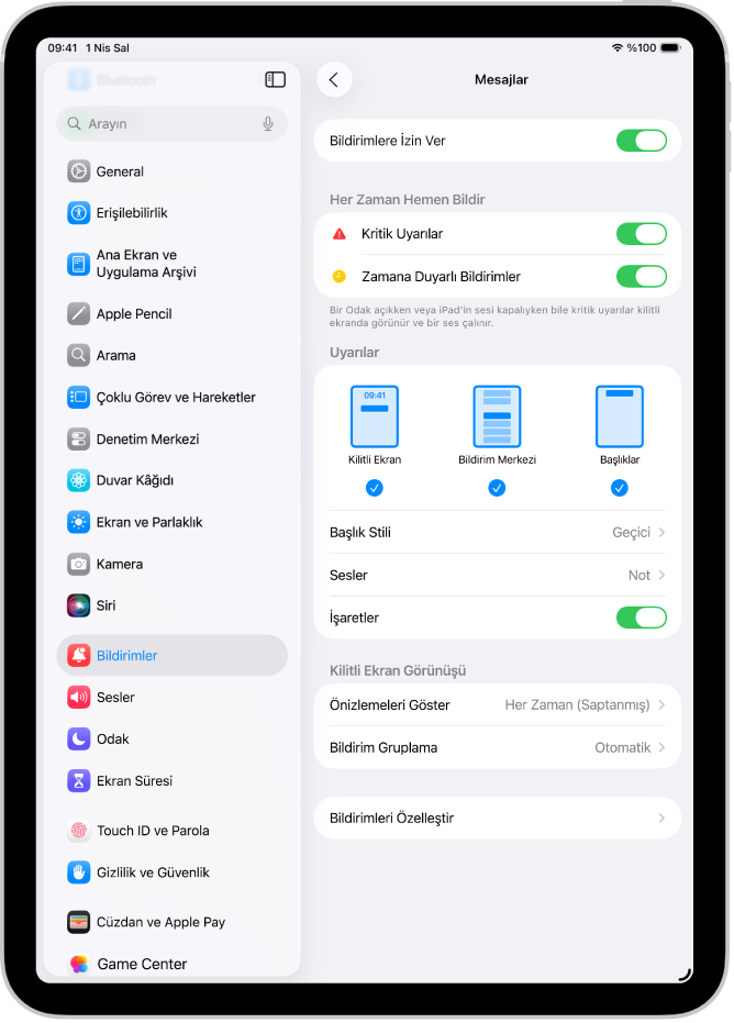 Ayarlar’da Mesajlar Bildirim ayarları.