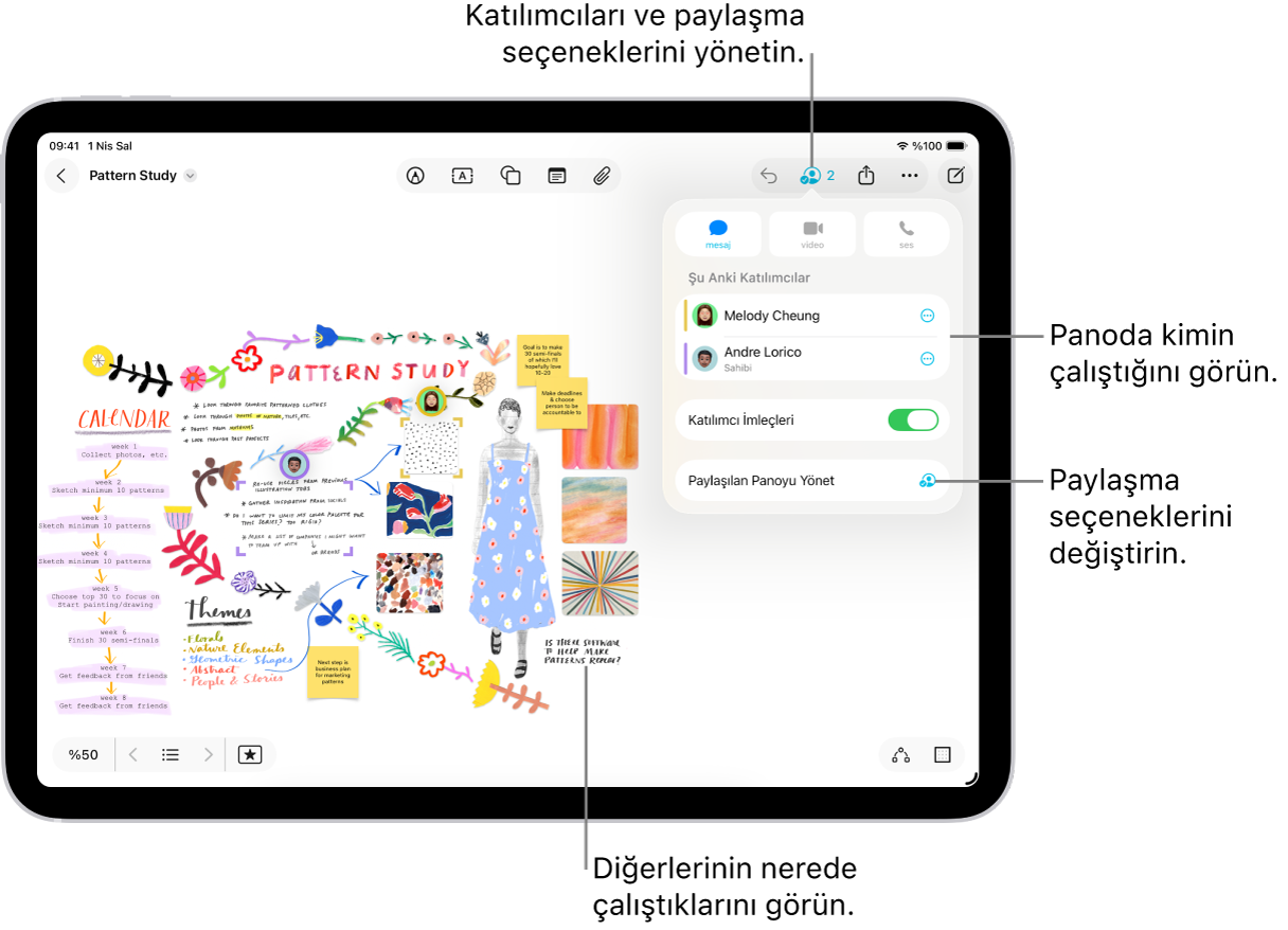 iPad’de ortak çalışma menüsü açık durumda, paylaşılan bir Freeform panosu ve renkli onay işaretleri ile işaretlenmiş panoda başka katılımcıların konumu.