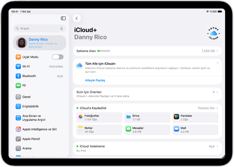 Saklama alanı göstergesinin ve Fotoğraflar, iCloud Drive ve iCloud Yedekleme de dahil olmak üzere iCloud ile kullanılabilecek özelliklerin bir listesinin gösterildiği iCloud ayarları ekranı.