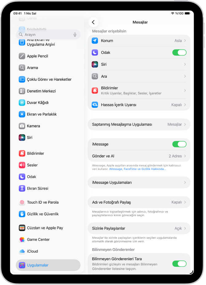 iMessage açık olan Mesajlar ayarları bölümü.