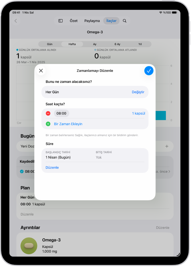 Sağlık’taki İlaçlar ekranı, bir ilacın planını değiştirme seçeneklerini gösteriyor.