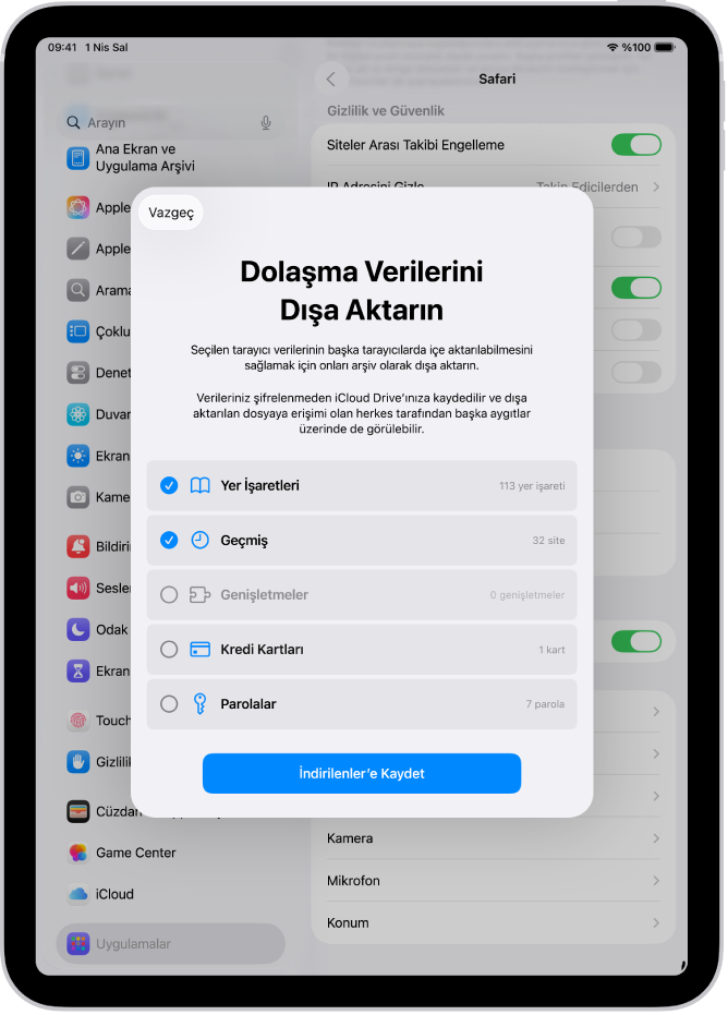 Dolaşma Verilerini Dışa Aktarın ekranı, Safari’den başka bir web tarayıcıya aktarabileceğiniz verileri gösteriyor.