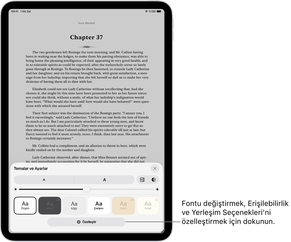 Kitaplar uygulamasındaki bir kitabın sayfası. Temalar ve Ayarlar seçenekleri; font puntosu, kaydırılan görüntü, sayfa çevirme stili, parlaklık ve font stilleri denetimlerini gösteriyor.