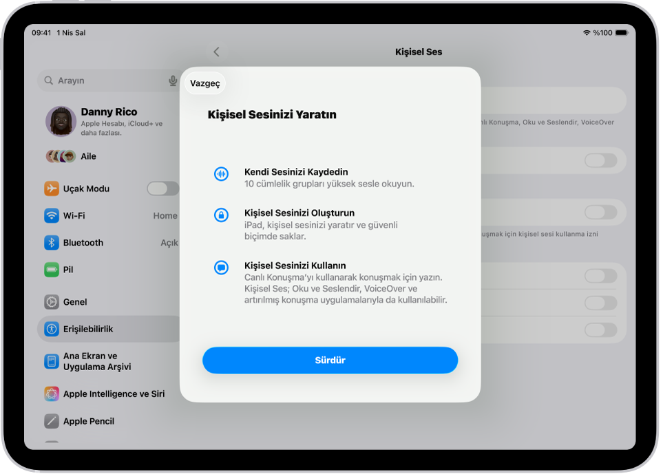 Kişisel ses yaratmayla ilgili bilgiler gösteren bir iPad.