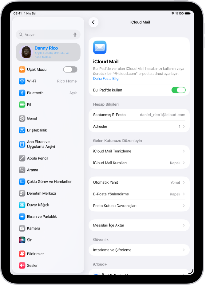 Ayarlar uygulamasında iCloud Mail ekranı açık. Özel E-Posta Alanı, menünün en altında.