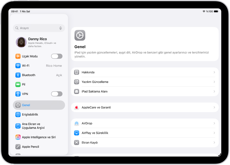 iPad’inizin ses yüksekliğini, ekran parlaklığını ve daha birçok şeyi değiştirmek için dokunabileceğiniz Ayarlar uygulamasının simgesi de dahil olmak üzere birçok uygulama simgesinin bulunduğu iPad ana ekranı.