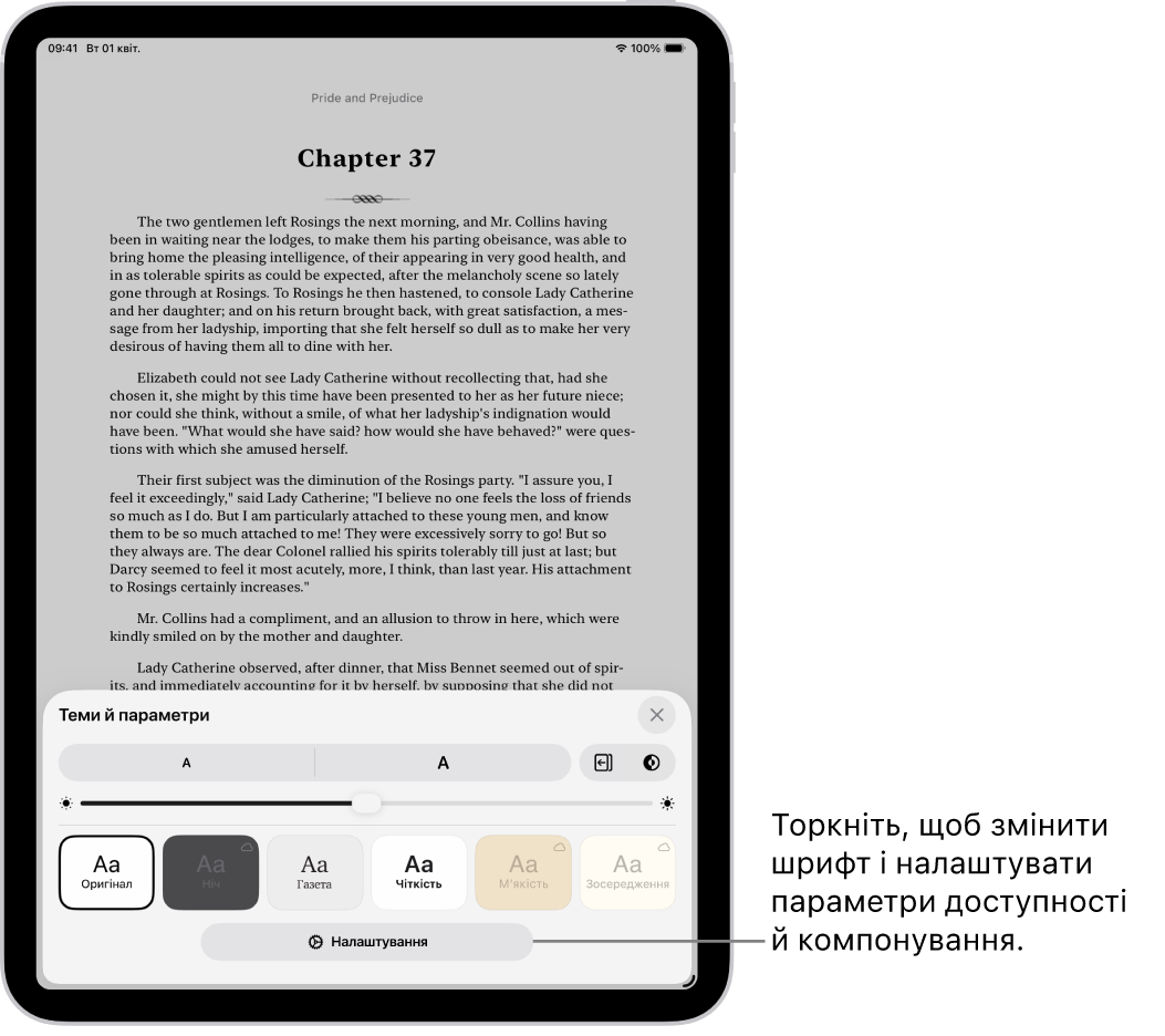 Сторінка книги в програмі «Книги». Опції меню «Теми й параметри» з елементами керування для розміру шрифту, прокручування, способу гортання сторінок, яскравості та стилів шрифту.