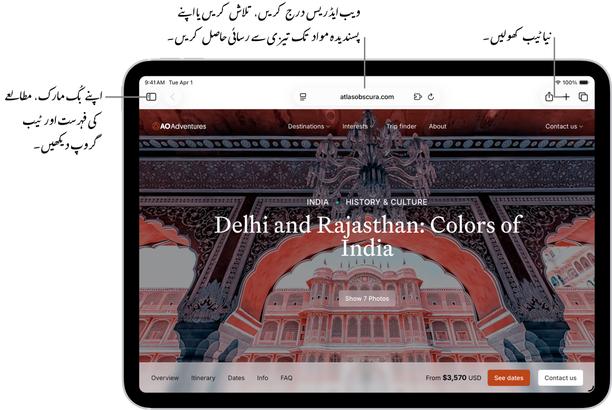 کھلا ہوا ویب صفحہ۔ اوپر کے ساتھ، بائیں سے دائیں، سائڈبار بٹن، “پچھلا” بٹن، تلاش کا خانہ، “شیئر کریں” بٹن، “نیا ٹیب” بٹن اور “اوور ویو” بٹن ہیں۔