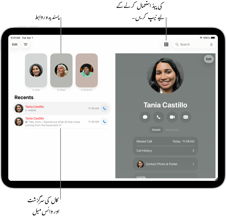 فون ایپ، جس میں اسکرین کے بائیں طرف “پسندیدہ” روابط ہیں۔ “پسندیدہ” کے نیچے حالیہ کال اور وائس میل کی فہرست ہے۔ اسکرین کے اوپری دائیں طرف کی پیڈ بٹن کے ساتھ اسکرین کے دائیں طرف رابطے کی معلومات ظاہر ہوتی ہیں۔