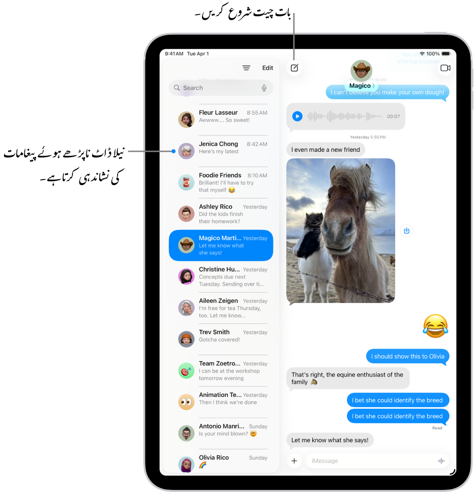 بائیں طرف پیغام ایپ میں بات چیت کی فہرست اور دائیں طرف بات چیت کا ٹرانسکرپٹ ہے۔ ناپڑھے ہوئے پیغامات کو نیلے ڈاٹ سے نشان زد کیا گیا ہے۔