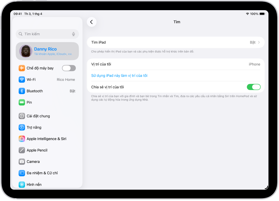 Một màn hình đang hiển thị cài đặt cho ứng dụng Tìm, với các tùy chọn để bật Tìm iPad và Chia sẻ vị trí của tôi.