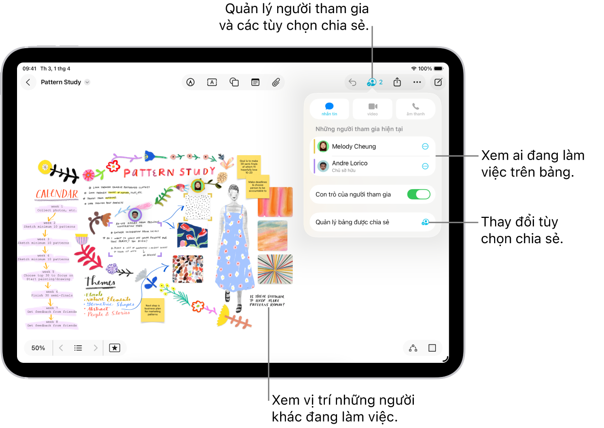 Một bảng Freeform được chia sẻ trên iPad với menu cộng tác được mở và vị trí của những người tham gia khác trên bảng được đánh dấu bằng dấu tick màu.