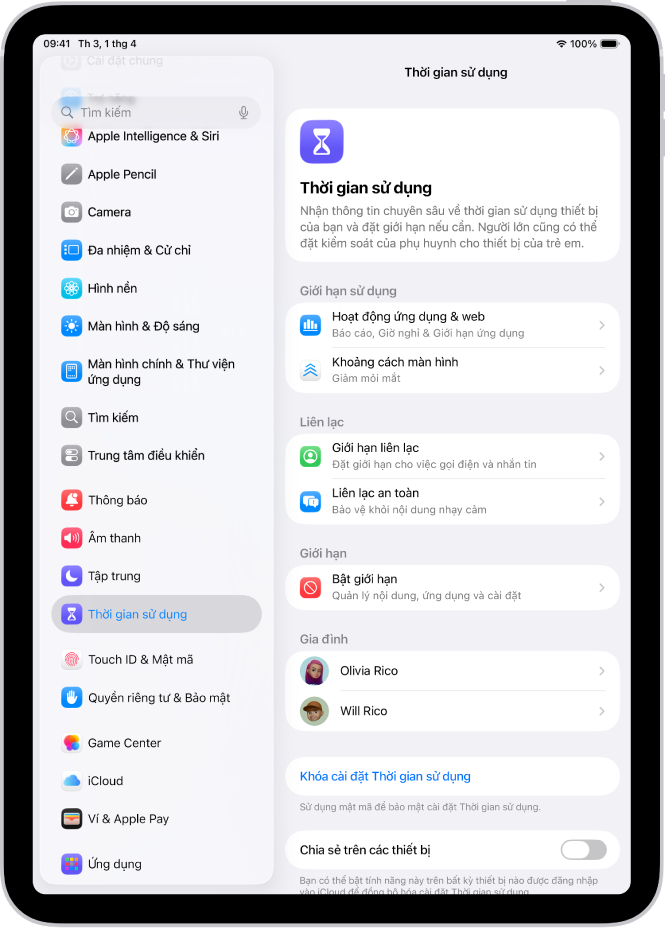 Màn hình thiết lập Thời gian sử dụng, đang cho biết rằng bạn chạm vào Hoạt động ứng dụng & web để bắt đầu.