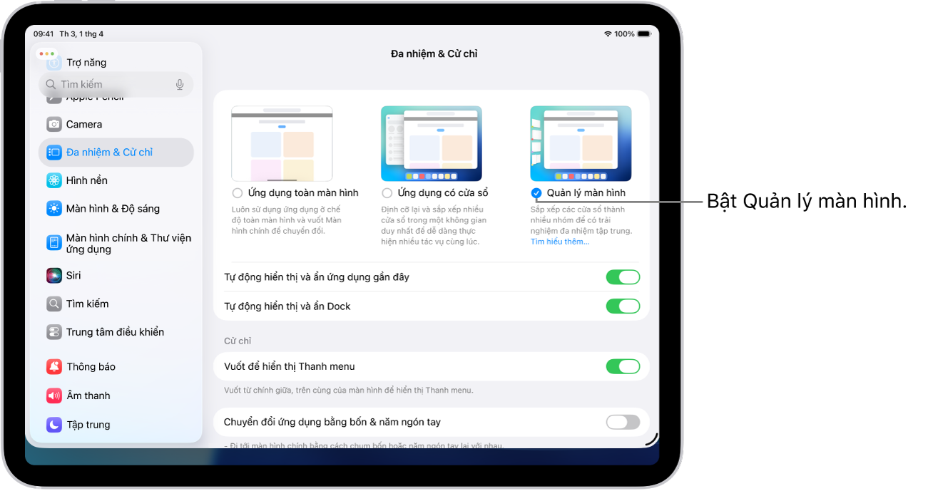 Ứng dụng Cài đặt của iPad, đang hiển thị các tùy chọn Đa nhiệm & Cử chỉ mà bạn có thể lựa chọn để làm việc trong nhiều ứng dụng.