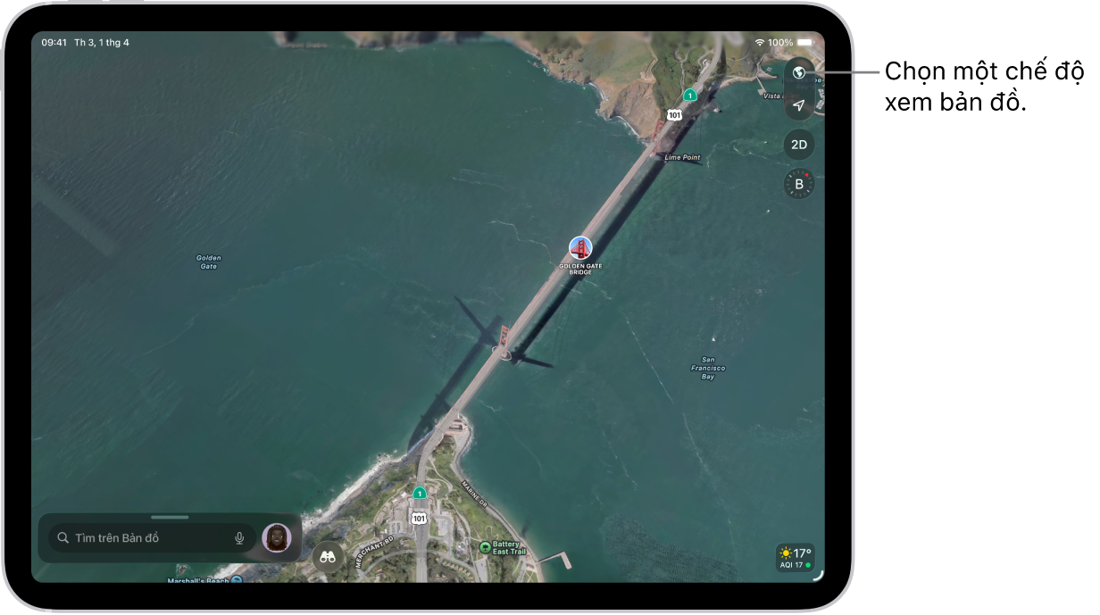 Một bản đồ đường phố và công viên đang hiển thị cây cối, điểm thu hút và các vị trí như đường mòn và điểm quan sát.