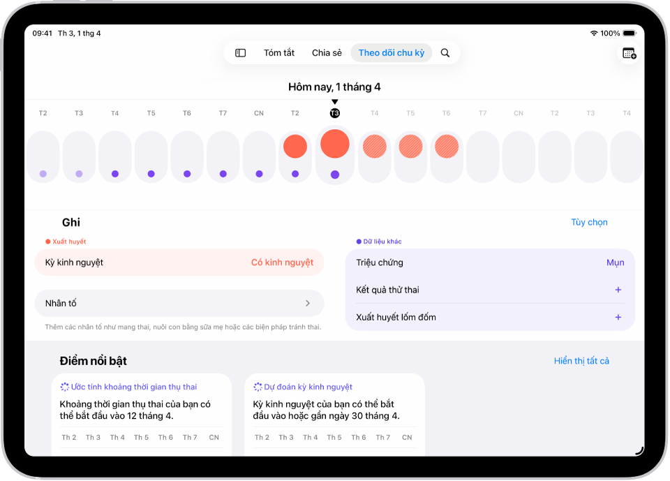 Màn hình Theo dõi chu kỳ đang hiển thị dòng thời gian cho một tuần ở đầu màn hình. Các hình tròn màu đỏ đồng nhất và các dấu chấm màu tía đánh đấu 5 ngày đầu tiên trên dòng thời gian. Bên dưới dòng thời gian là các tùy chọn để thêm thông tin về kỳ kinh nguyệt, triệu chứng, v.v.