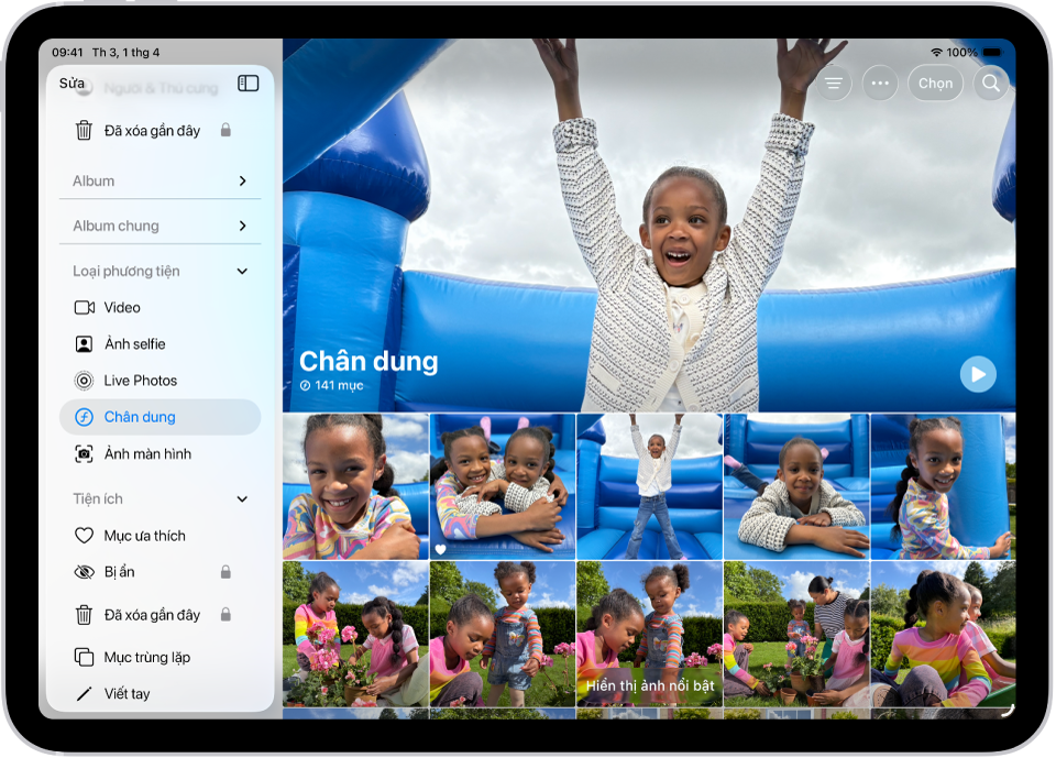 Loại phương tiện được mở trong ứng dụng Ảnh, đang hiển thị các bộ sưu tập video, ảnh selfie, Live Photos, ảnh chân dung, v.v.