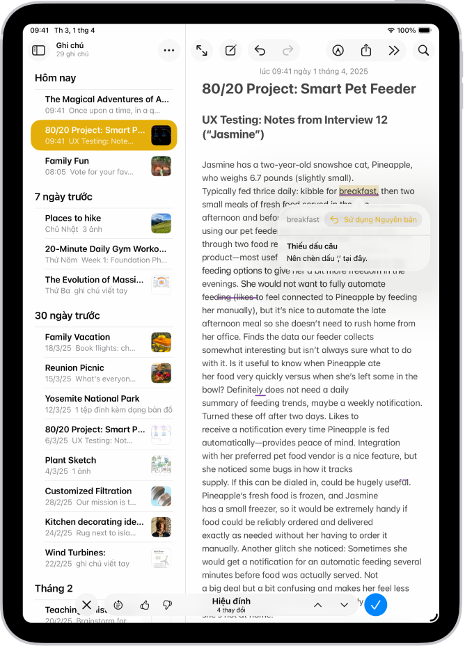Một iPad đang hiển thị văn bản đang được sửa lỗi ngữ pháp trong ứng dụng Ghi chú.