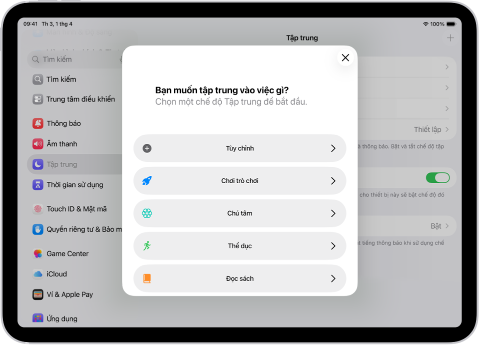Một màn hình thiết lập chế độ tập trung cho tùy chọn chế độ tập trung được cung cấp bổ sung, bao gồm Tùy chỉnh, Thể dục, Chơi trò chơi, Chú tâm và Đọc sách.