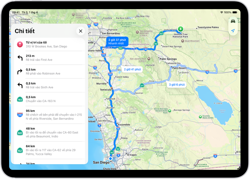 Một bản đồ đang hiển thị ba tùy chọn cho lộ trình và danh sách các bước chi tiết để đi tới một điểm đến với ít lượt rẽ nhất.