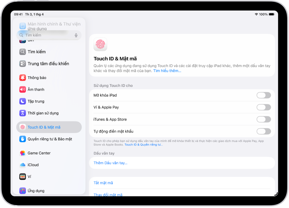 Một màn hình đang hiển thị cài đặt cho Touch ID & Mật mã với các tùy chọn để thêm dấu vân tay và bật mật mã.