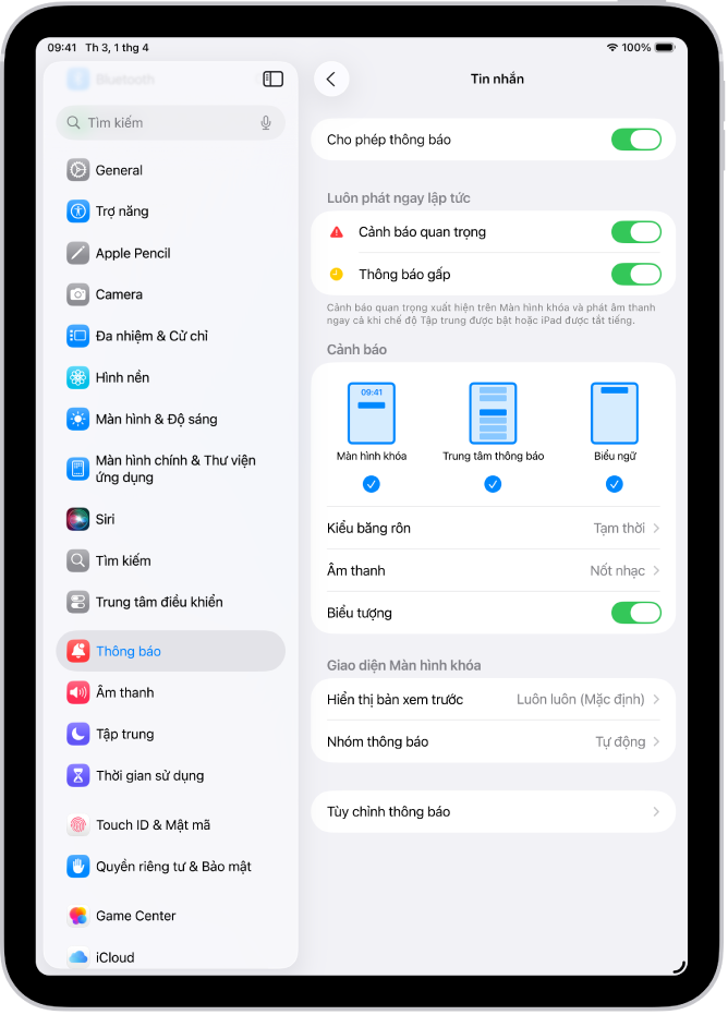 Cài đặt Thông báo tin nhắn trong Cài đặt.