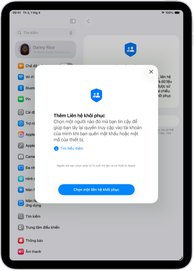Màn hình Liên hệ khôi phục tài khoản với thông tin về tính năng. Nút Thêm liên hệ khôi phục ở dưới cùng