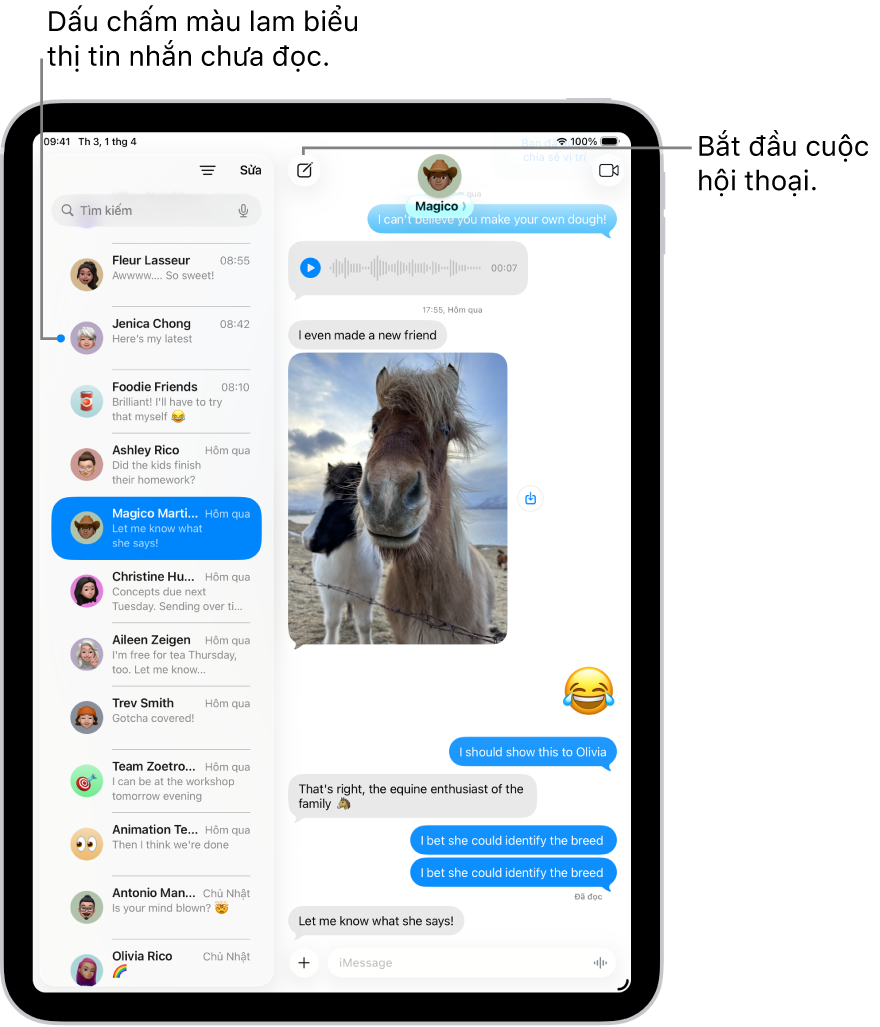 Một danh sách cuộc hội thoại Tin nhắn ở bên trái và bản chép lại cuộc hội thoại ở bên phải. Một tin nhắn chưa đọc được đánh dấu bằng dấu chấm màu lam.