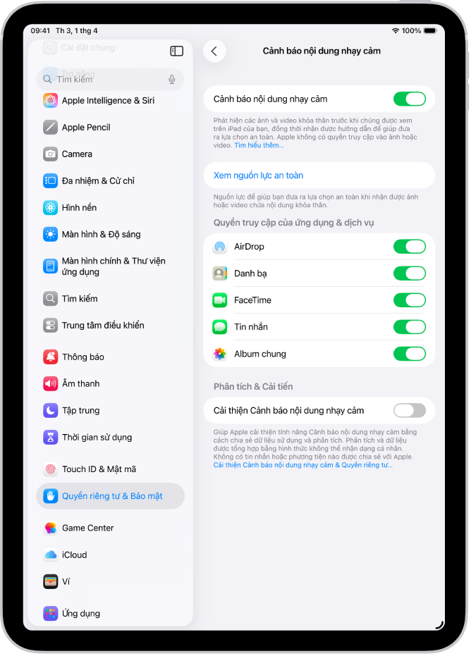 Cài đặt cho Cảnh báo nội dung nhạy cảm, với một nút được gắn nhãn Xem nguồn lực an toàn và một nút được gắn nhãn Cải thiện Cảnh báo nội dung nhạy cảm để chia sẻ dữ liệu sử dụng và phân tích với Apple.