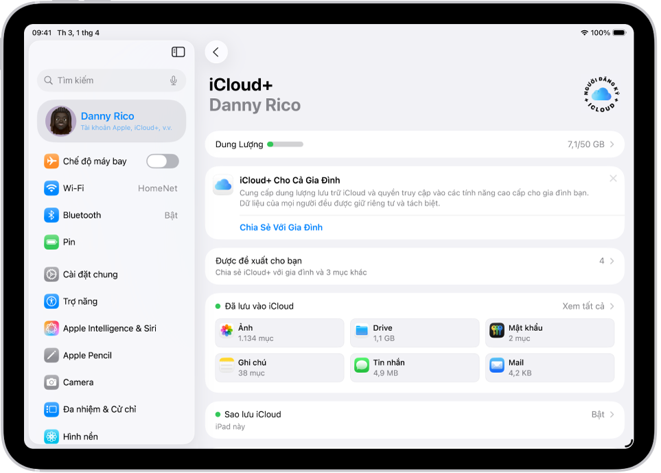 Màn hình cài đặt iCloud đang hiển thị công cụ đo dung lượng và một danh sách các tính năng – bao gồm Ảnh, iCloud Drive và Sao lưu iCloud – có thể được sử dụng với iCloud.