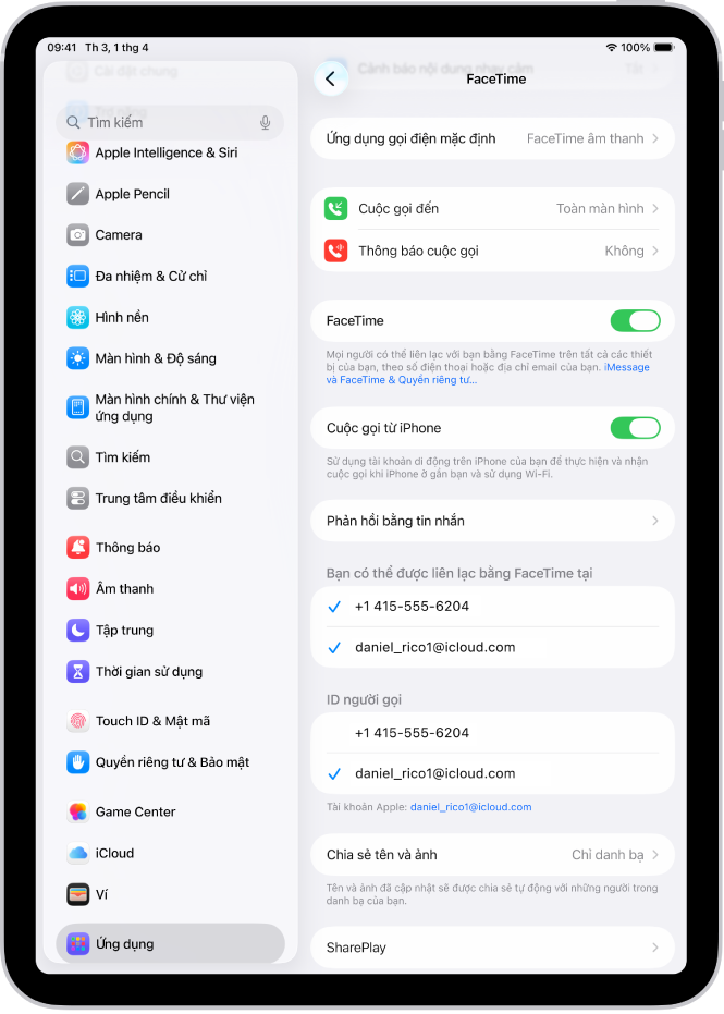 Màn hình Cài đặt FaceTime, đang hiển thị tùy chọn Ứng dụng gọi điện mặc định, điều khiển để bật hoặc tắt FaceTime và Tài khoản Apple đang được sử dụng cho FaceTime.