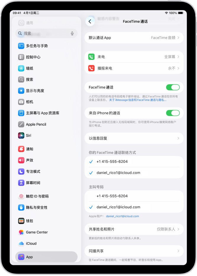 FaceTime 通话设置屏幕,显示“默认通话 App”选项、打开或关闭 FaceTime 通话的控制,以及正用于 FaceTime 通话的 Apple 账户。