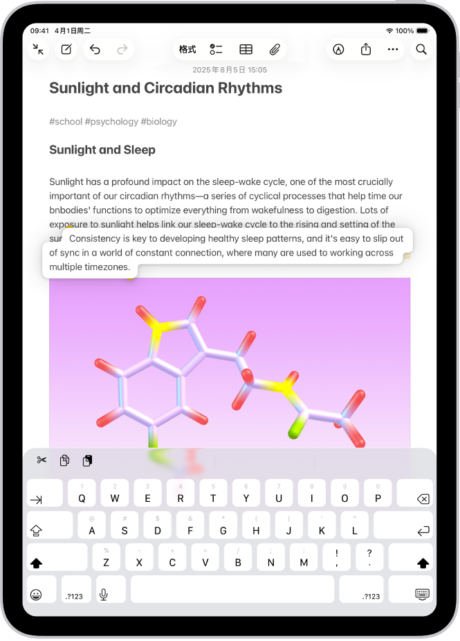 “备忘录” App 中打开的文稿。所选文本在文稿内浮起,以移到新位置。