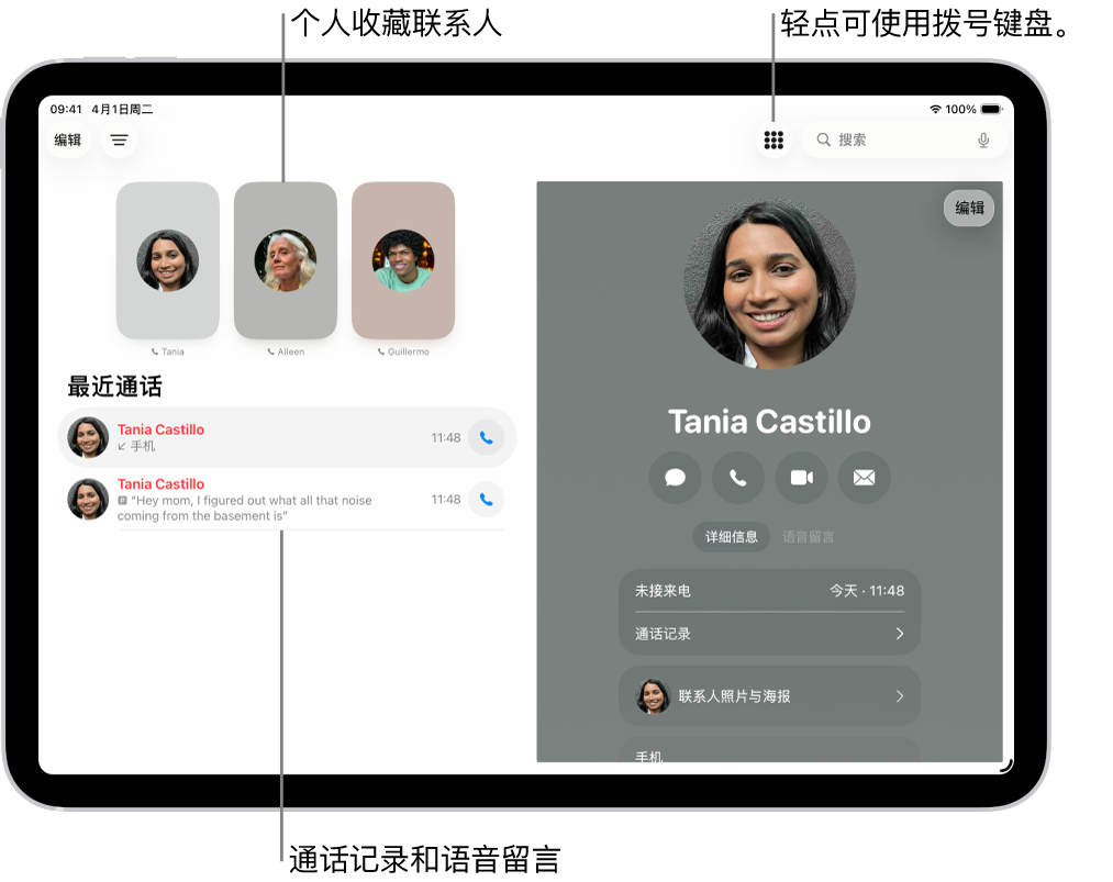 iPhone 互通 App 屏幕左侧显示个人收藏联系人。“个人收藏”下方为最近通话和语音留言列表。屏幕右侧显示联系信息，右上方显示“拨号键盘”按钮。