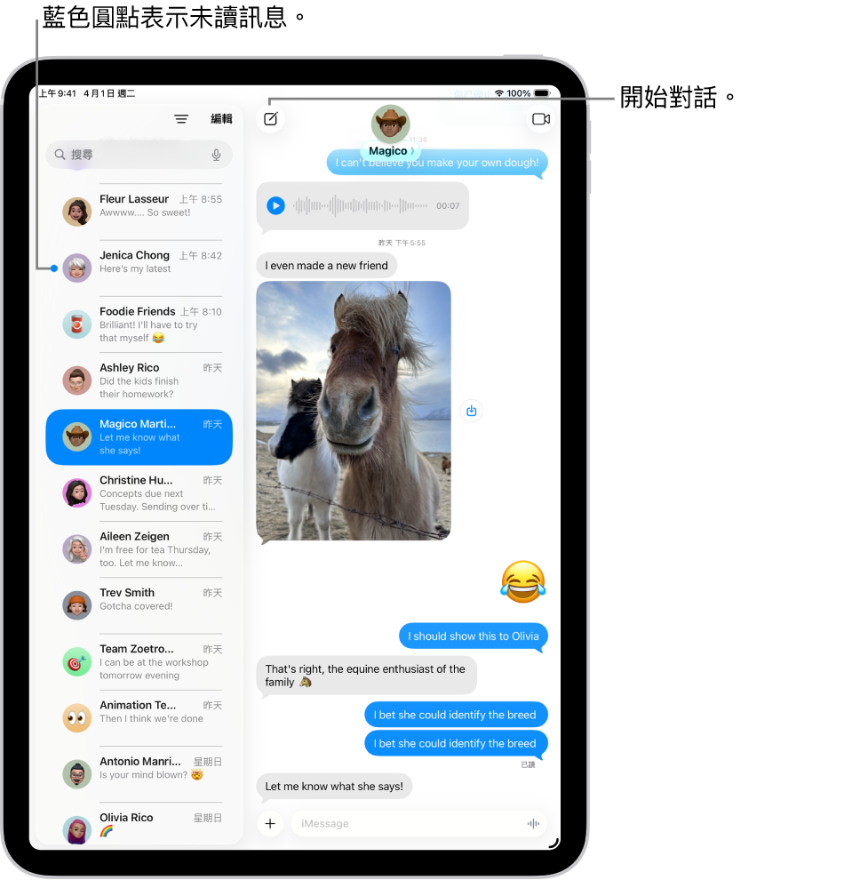 左側為「訊離」對話列表，右側為對話逐字稿。一則未讀訊息以藍點標示。