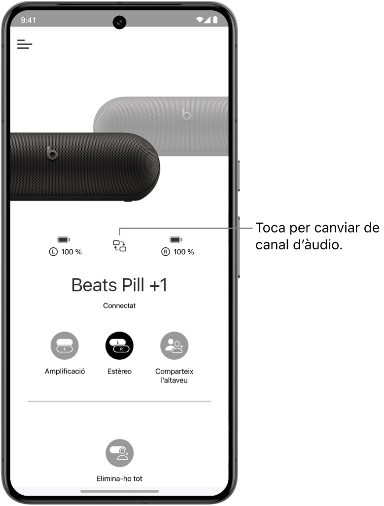 Pantalla del dispositiu de l’app Beats que mostra dos altaveus Beats Pill connectats en un grup estèreo, així com el botó per canviar de canal d’àudio.