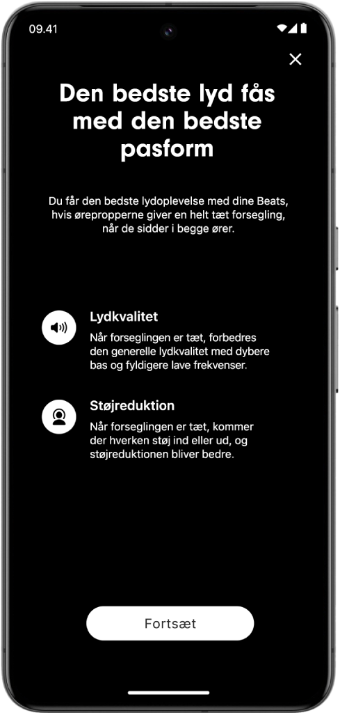 En skærm på en Android-enhed, der viser funktionen Test af øreproppernes pasform.