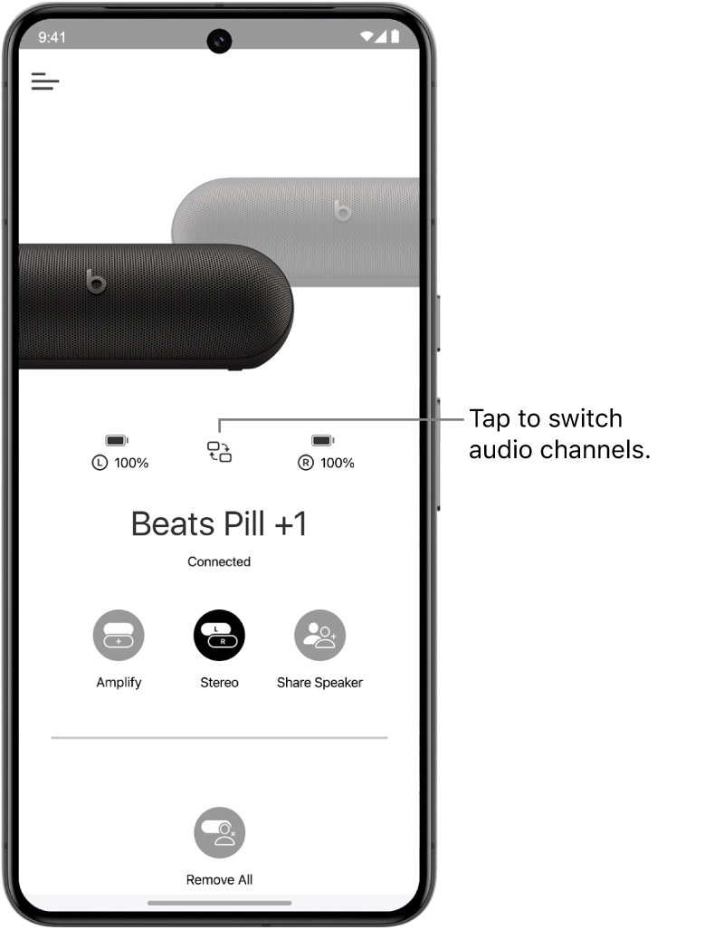 The Beats app device screen showing two connected Beats Pill speakers in a Stereo group, and the button to change channel audio channels.