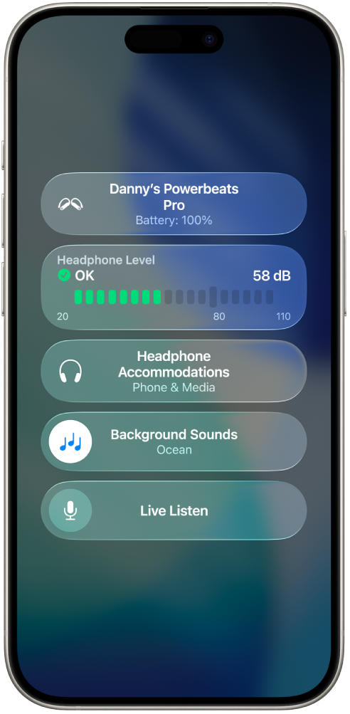 The Hearing Devices screen in Control Centre. From top to bottom, it includes the Headphone Level in decibels, Headphone Accommodations, Background Sounds and Live Listen for the connected Powerbeats Pro 2.