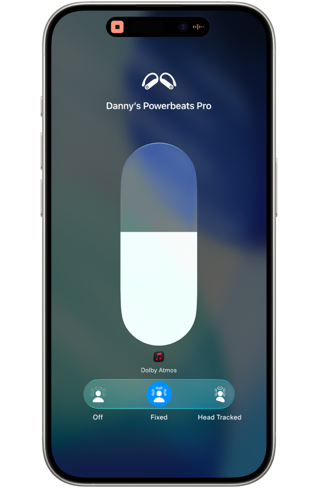 The volume screen in Control Centre showing the volume level for Beats&nbsp;Fit&nbsp;Pro and options for Spatial Audio.